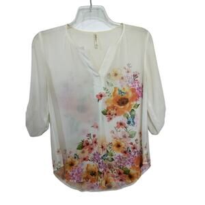 5412)DNA Couture S Sheer Floral Print Henley Neck Tab 3/4 Sleeve Curve Hem Top